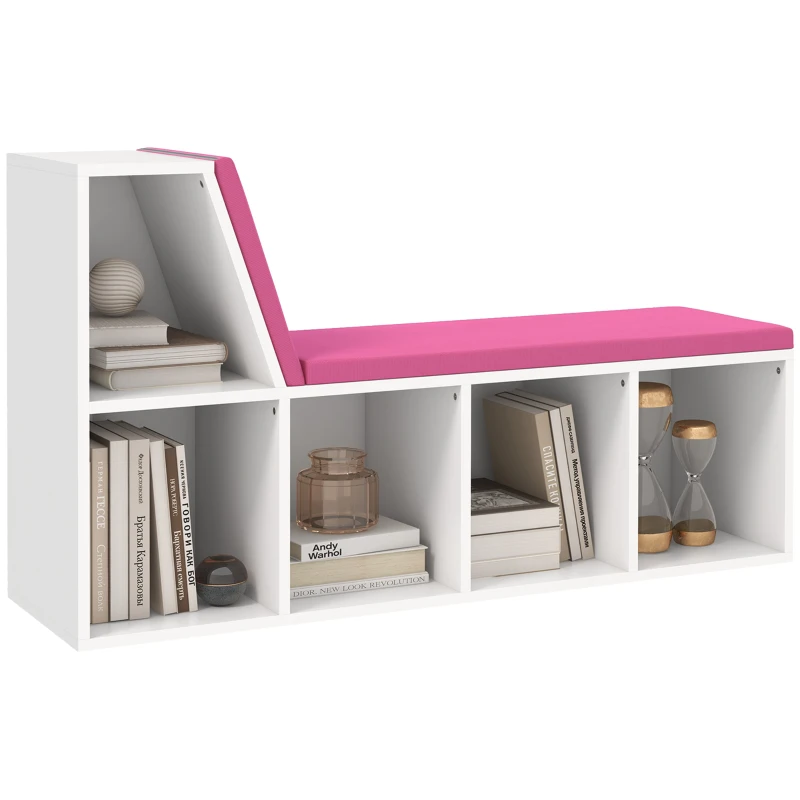 HOMCOM Bibliothèque banc 2 en 1 avec 5 compartiments de rangement et 2 coussins 108 x 30 x 60 cm blanc rose