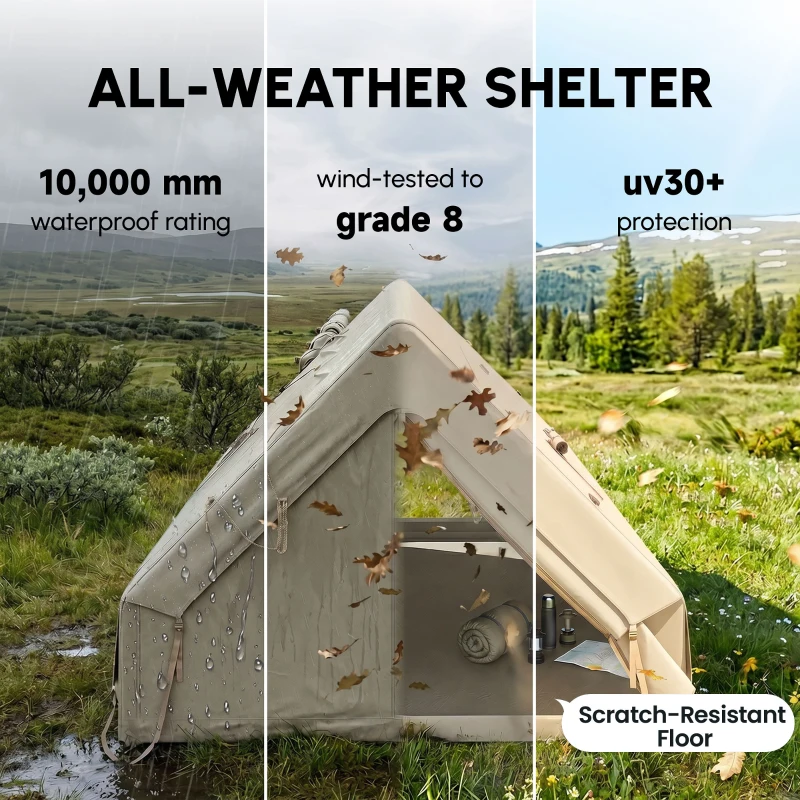 Outsunny Inflatable Camping Tent, 4 Season Hot Tent 10000mm Waterproof with Chimney Opening, Sky Light and Air Pump, Khaki