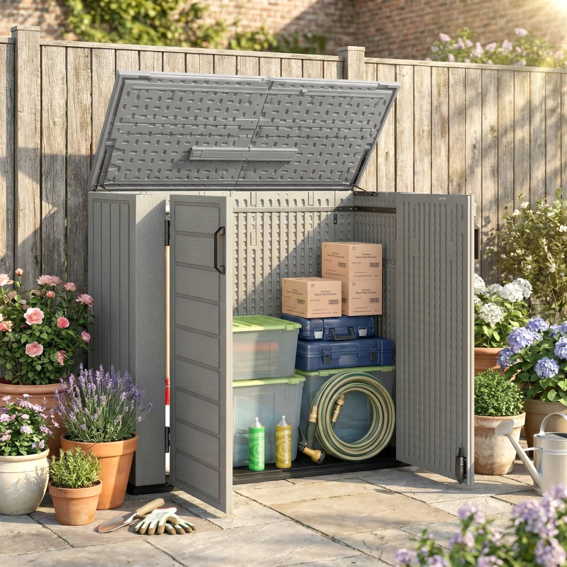 Outsunny Cobertizo de Jardín de HDPE 940L con Tapa Abatible 2 Puertas Cerradura Cobertizo de Jardín 142x67x119 cm Gris Claro