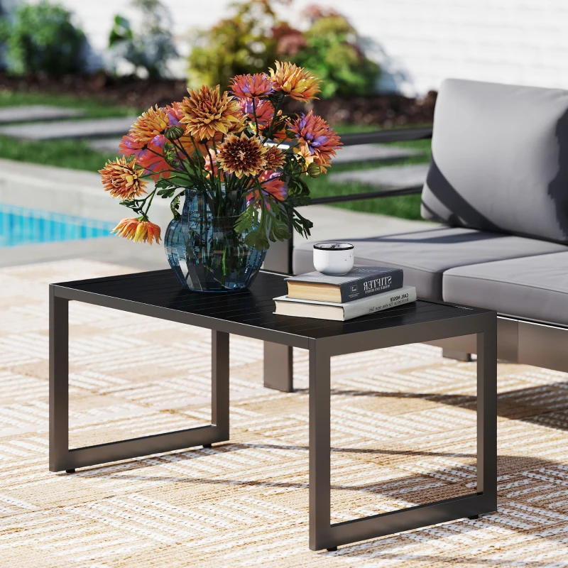 Outsunny Table basse extérieure avec plateau à lattes, cadre en aluminium, pour balcon, patio, terrasse, 90 x 50 x 42 cm, noir