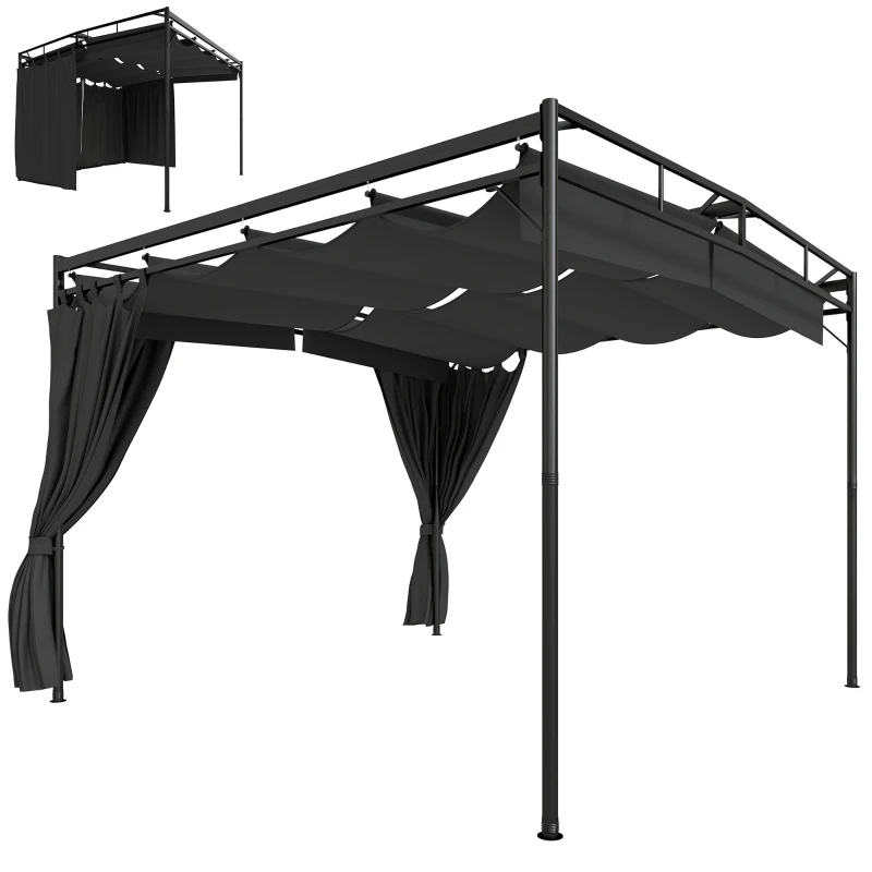 Outsunny Pergola de Jardin Tonnelle de Terrasse avec Toit Rétractable Rideaux et Système de Poulie 3x3m Gris Anthracite
