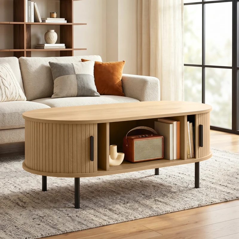 HOMCOM Table basse ovale en bois, table de salon moderne avec portes coulissantes et rangement caché, 100x55x40cm, bois naturel