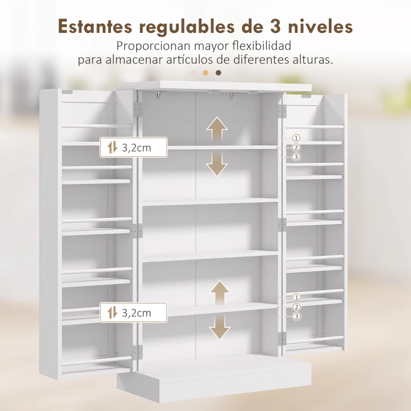 HOMCOM Armario Despensa Cocina con 2 Puertas 16 Estantes Alacena Moderna con Estantes Ajustables 60x30x104 cm Blanco