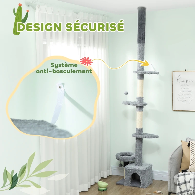 PawHut Arbre à chat du sol au plafond, tour à chat réglable en hauteur 225-255 cm à plusieurs niveaux, revêtement peluche, gris