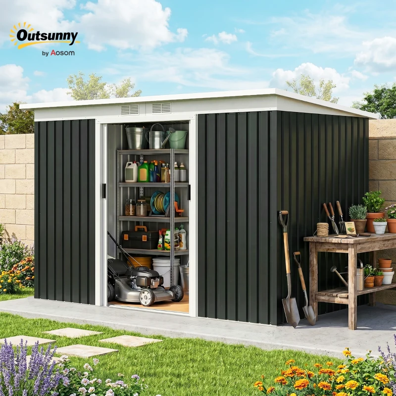 Outsunny 9' x 4' Metal Garden Storage Shed Tool House with Sliding Door Spacious Layout for Backyard, Lawn Dark Gray(m-15)
