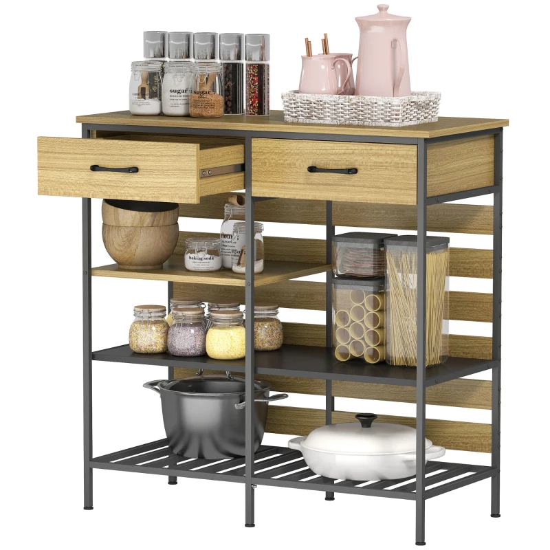 HOMCOM Aparador de cozinha, móvel de arrumação com 2 gavetas e 3 prateleiras abertas, 90 x 40 x 91 cm, madeira natural e preto