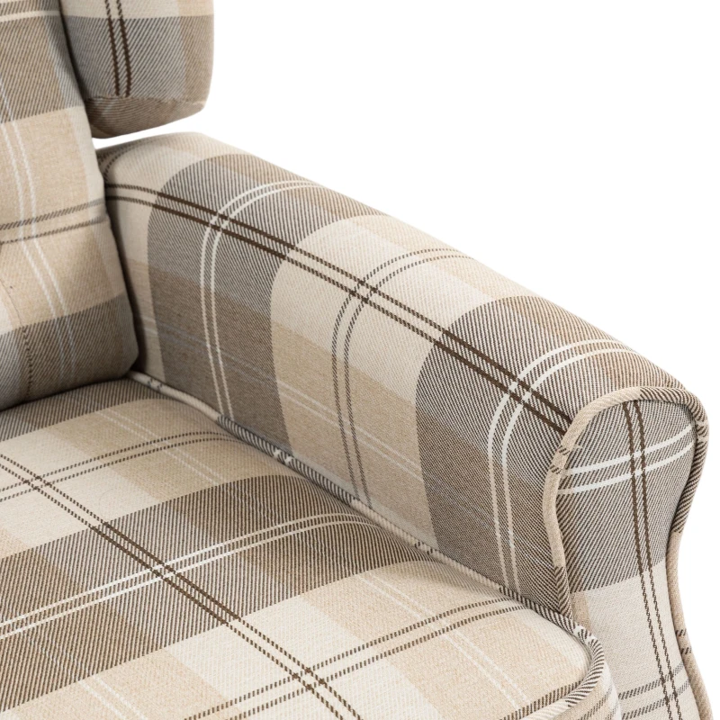 HOMCOM Wingback Accent Chair, Linen-Look Fabric Armchair with Thick Spring Cushion, High Back, Khaki Plaid