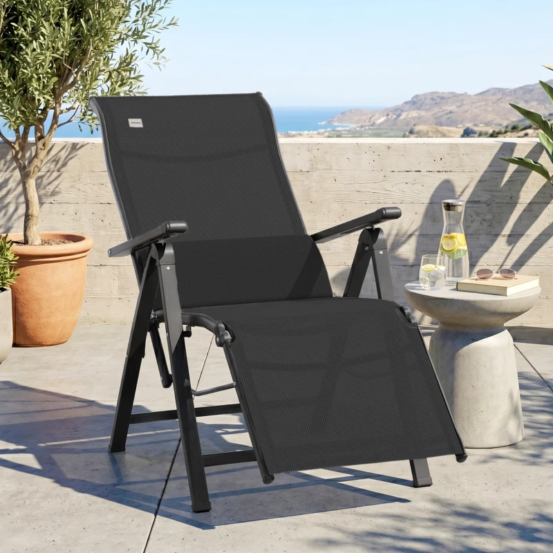 Outsunny Chaise longue pliable, transat bain de soleil inclinable avec dossier réglable sur 9 positions, coussin lombaire, noir