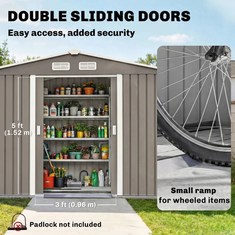 Outsunny 9 x 6FT Outdoor Garden Roofed Metal Storage Shed Tool Box with Foundation Ventilation & Doors Light, Grey(m-5)