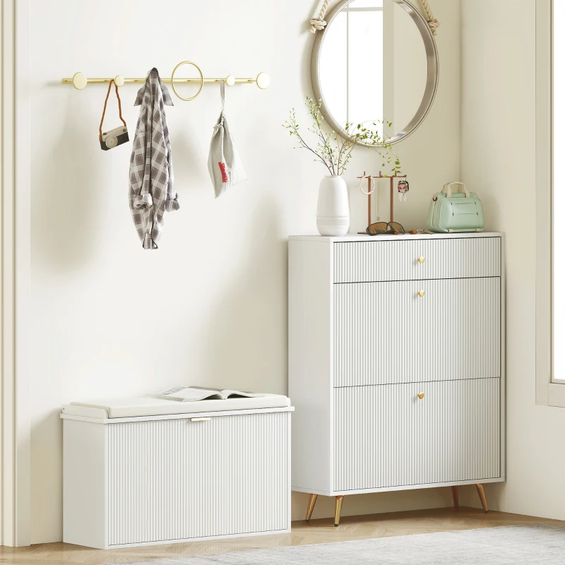 HOMCOM Panca Scarpiera con Ripiano Interno, in Legno e Tessuto Effetto Lino, 80x26x47.5 cm, Bianca e Beige