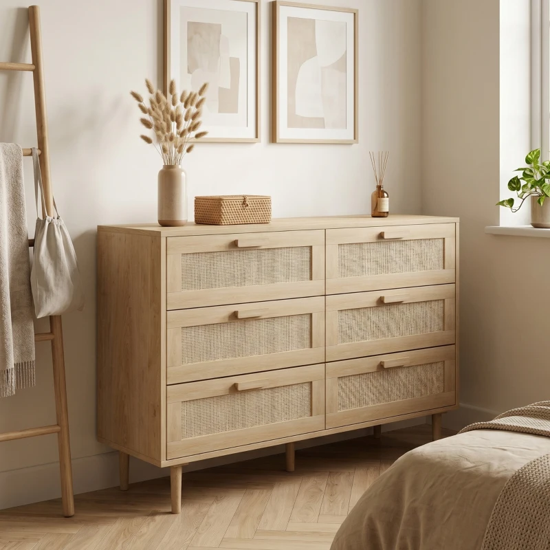 HOMCOM Cómoda para Dormitorio con 6 Cajones con Frontal de Ratán Patas de Madera Cajonera Estilo Bohemio 110x40x75 cm Roble