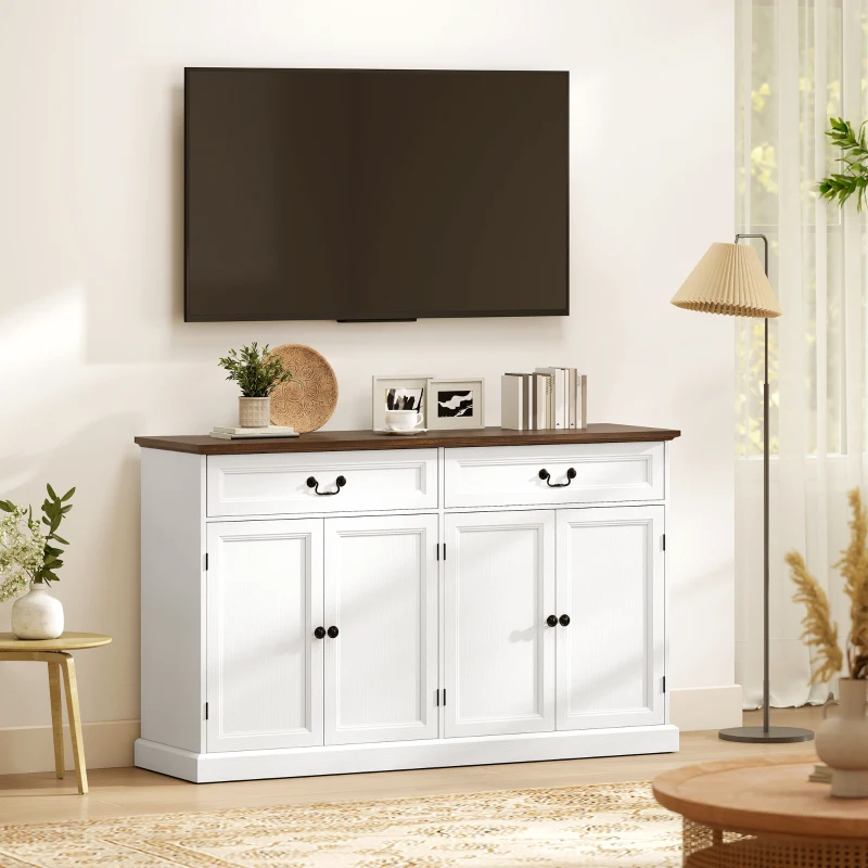 HOMCOM Aparador de sala, móvel de arrumação com 4 portas, 2 gavetas silenciosas, prateleiras reguláveis, 140x40x85cm, branco e castanho