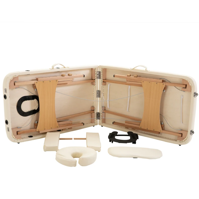 HOMCOM Portable Massage Bed, Foldable Spa Beauty Massage Table with 2 Sections, Carry Bag and Wooden Frame, Cream White