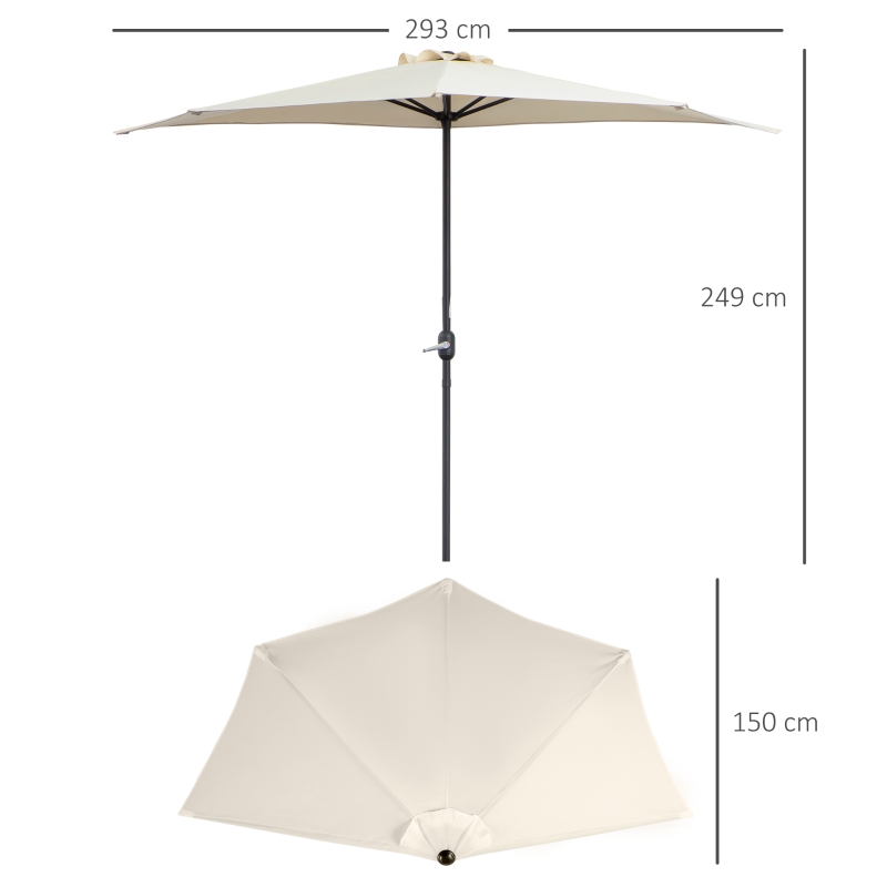 Outsunny Meio guarda-sol para varanda 5 varetas em metal com chaminé 2,93 x 1,5 x 2,49 m poliéster de alta densidade creme