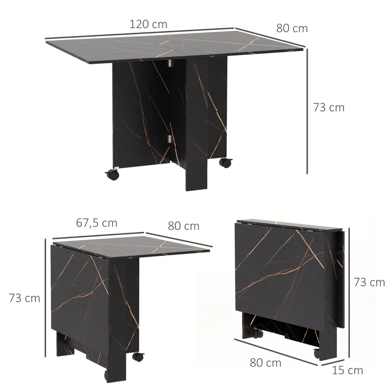 HOMCOM Mesa de Comedor Plegable con Ruedas y 2 Alas Abatibles Hasta 6 Personas Acabado Mármol 120x80x73 cm Negro
