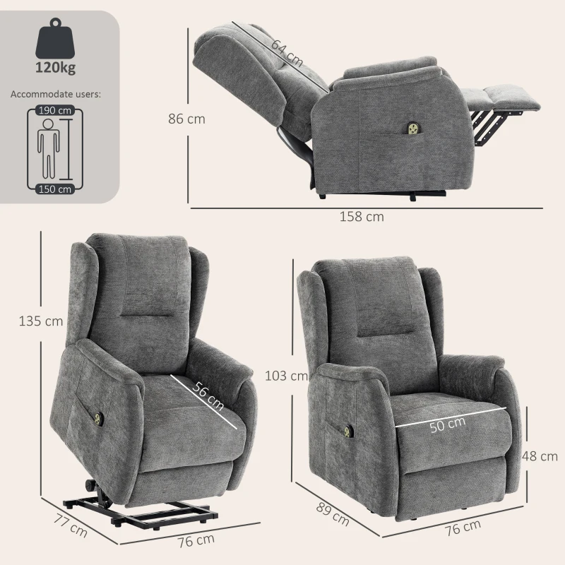 HOMCOM Fotoliu TV relax cu funcție de ridicare pentru seniori, aspect chenille, cu telecomandă și buzunare laterale, Gri închis