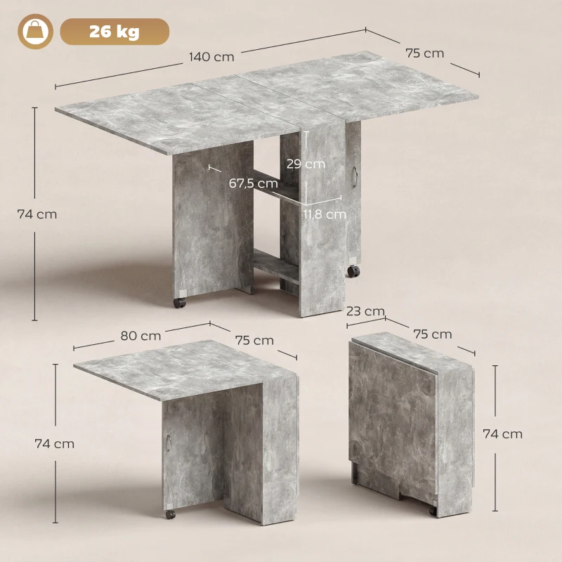 HOMCOM Table pliante de cuisine salle à manger amovible sur roulettes 75L x 140l x 74H cm 2 étagères intégrées en bois