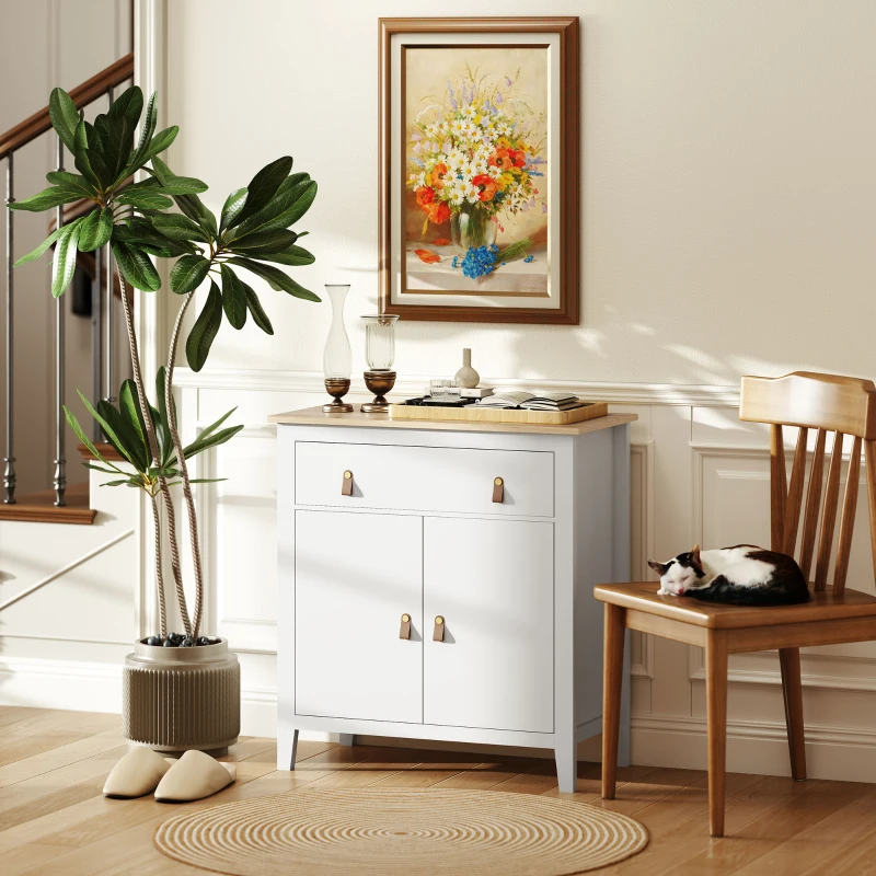 HOMCOM Aparador con Cajón Armario de 2 Niveles y Estante Ajustable Base Elevada y Amplia Superficie 80x40x90cm Blanco y Roble