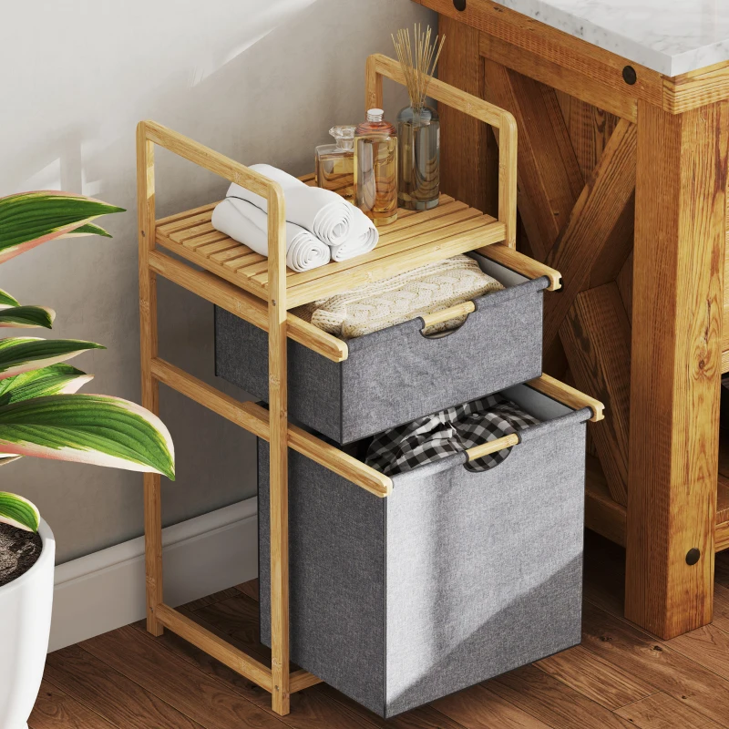 HOMCOM Cesto de roupa em bambu cesto para roupa suja com 2 sacos em tecido deslizantes e prateleira em ripas, natural