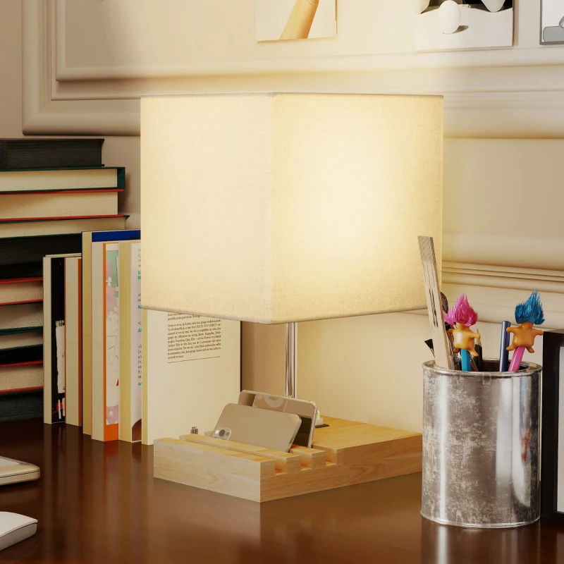 HOMCOM Bedside Lamp with USB A+C Charging Ports and 3 Phone Stands, Modern Table Lamp with Solid Wood Base and Fabric Shade for Bedroom Living Room Office, E27 Socket, Bulb Not Included, White