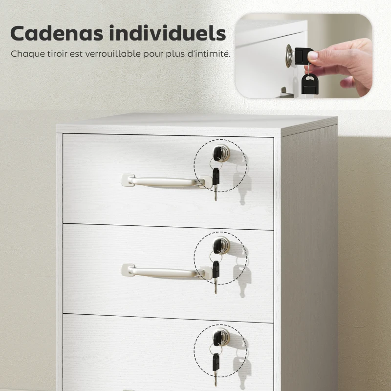 HOMCOM Caisson de Bureau Mobile avec 3 Tiroirs Verrouillables, Caisson de Rangement sur Roulettes, 40 x 40 x 69,5 cm, Blanc