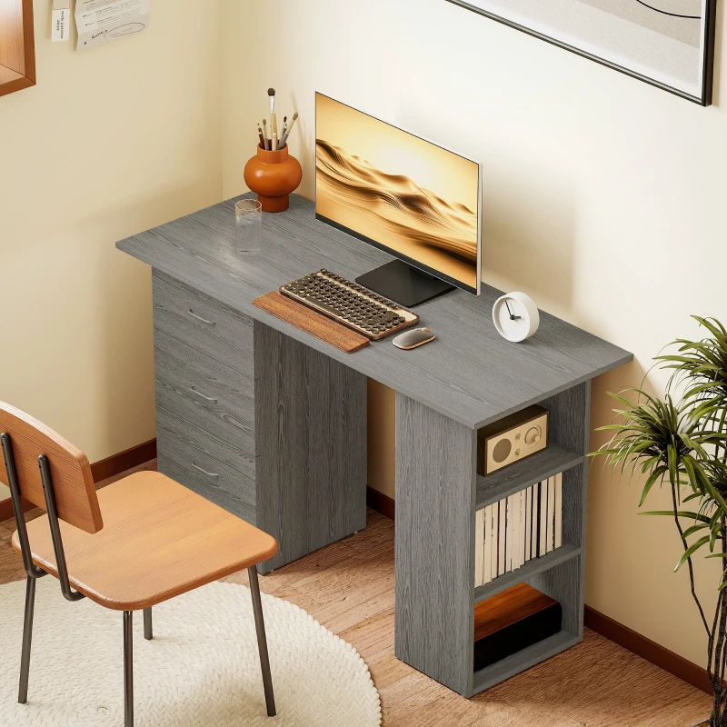 HOMCOM Bureau d'ordinateur réversible, table informatique avec 3 tiroirs et 3 étagères ouvertes, 120 x 49 x 72 cm, gris