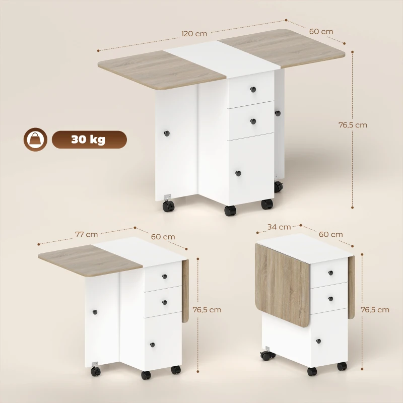 HOMCOM Mesa Plegable de Comedor con Ruedas Alas Abatibles 2 Cajones y Armario Hasta 6 Personas 120x60x76,5 cm Blanco y Natural