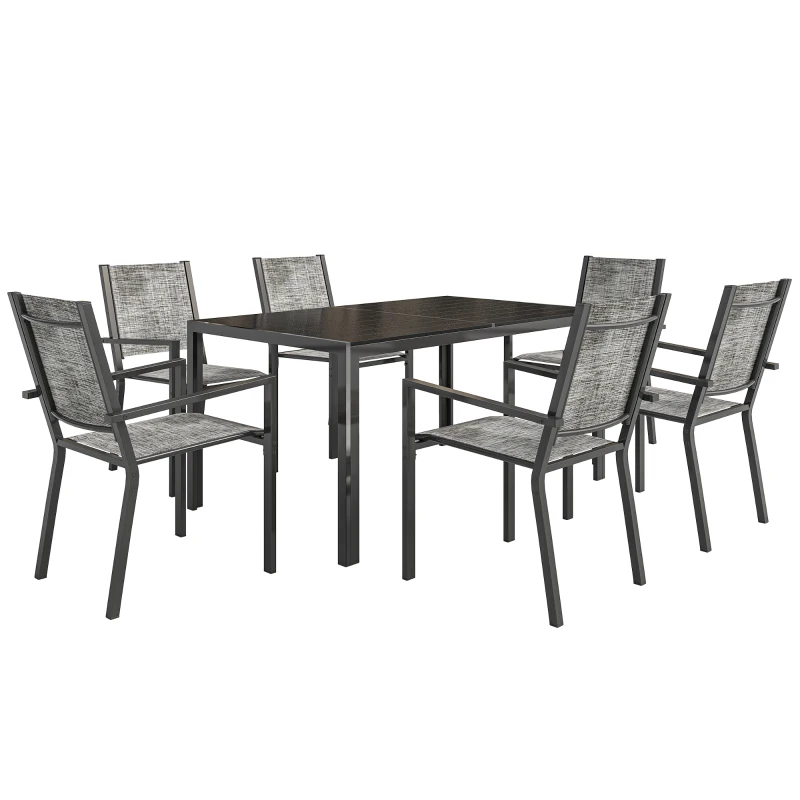 Outsunny Mesa de jardim exterior com 6 cadeiras empilháveis, tampo em ripas 150 cm, estrutura em aço anti-ferrugem, preto