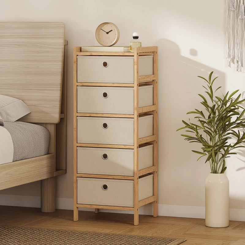 HOMCOM Chest of Drawers, 5 Fabric Drawers Narrow Dresser with Bamboo Frame, Cream White