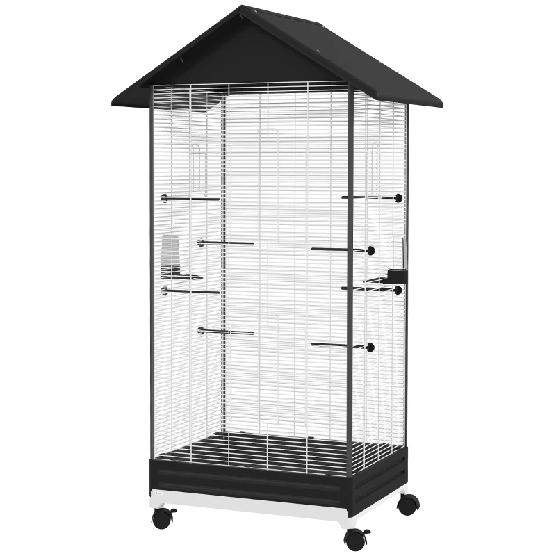 PawHut Cage oiseau sur pied volière oiseaux intérieure sur roulettes 2 mangeoires 8 perchoirs 79 x 65 x 155 cm fil d'acier noir(m-12)