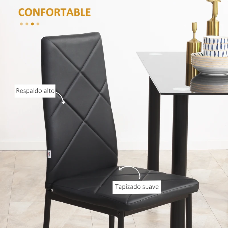 HOMCOM Set de 4 Sillas de Comedor Tapizadas de Piel Sintética con Respaldo Alto y Patas de Metal 41x50x97 cm Negro