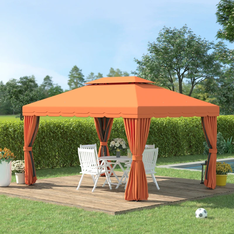 Outsunny Gazebo da Giardino 4x3m con Doppio Tetto e Tende Laterali, Arancione