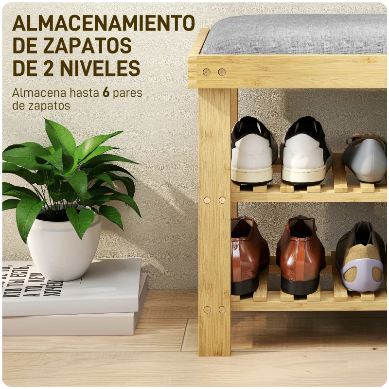 HOMCOM Banco Zapatero de Bambú con Cojín Zapatero de 2 Niveles para Entrada Pasillo o Dormitorio 60x29x49 cm Gris