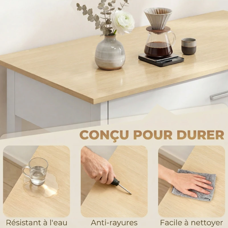 HOMCOM Desserte de cuisine à roulettes, îlot central cuisine avec plan de travail, tiroir, étagères, porte-serviettes, blanc