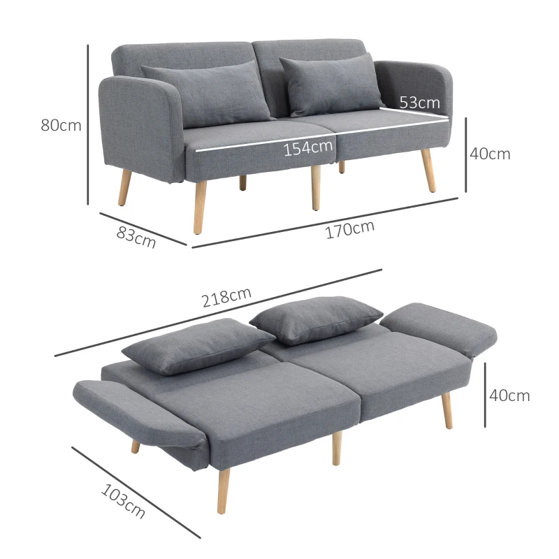 HOMCOM Sofá-cama 3 lugares design clic-clac encosto reclinável e apoios de braço ajustáveis tecido efeito linho cinza