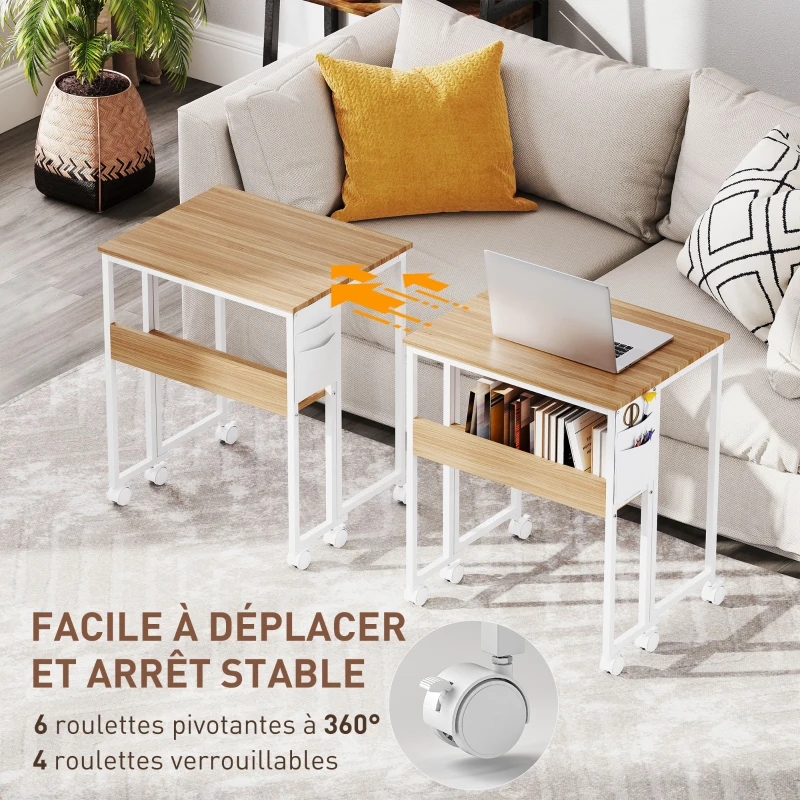 HOMCOM Bureau pliable sur roulettes 63 x 50 cm avec étagère et sac de rangement, bois naturel