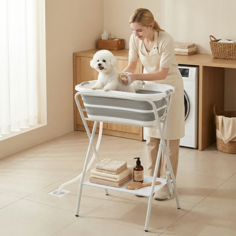 PawHut Dog Bath Tub, Portable Foldable Dog Bathtub with Stand, Drainage Hole, for Small Dogs Puppies Grey