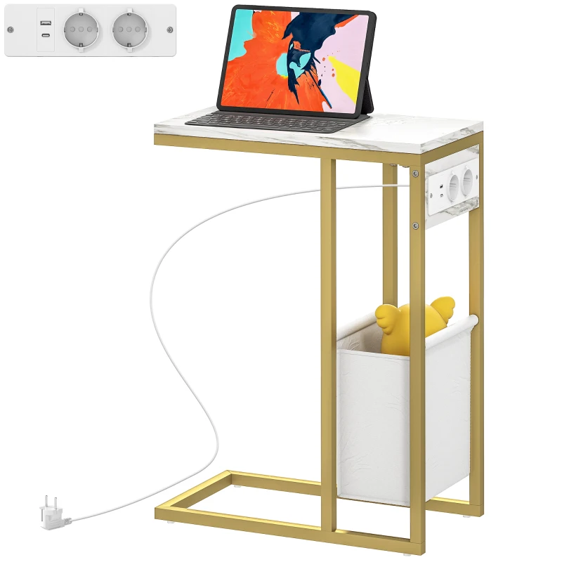 HOMCOM Mesa de apoio em forma de C com estação de carregamento bolsa de arrumação em tecido tampo com efeito mármore, 46 x 25 x 62,5 cm, branco