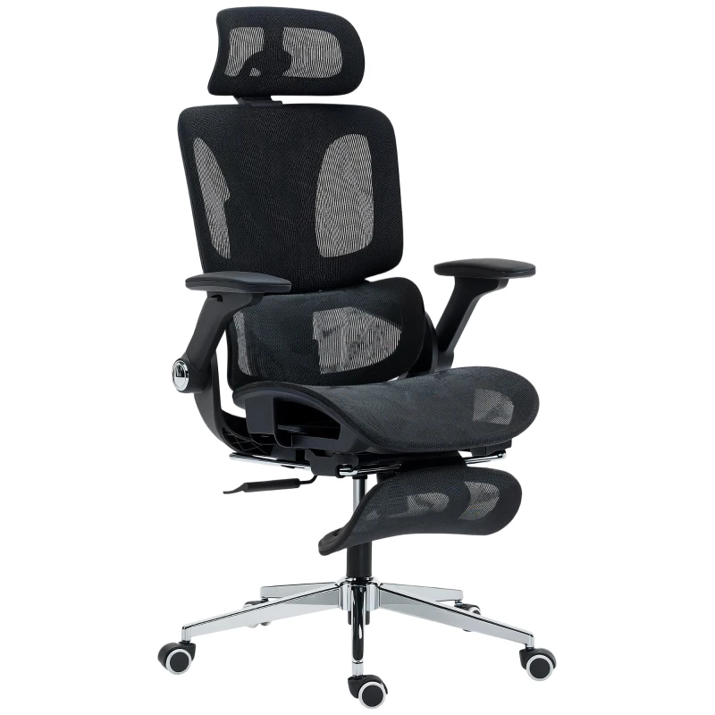 HOMCOM Ergonomischer Bürostuhl mit 4D-Armlehnen, verstellbarer Kopfstütze und Sitztiefe, Netz, Schwarz