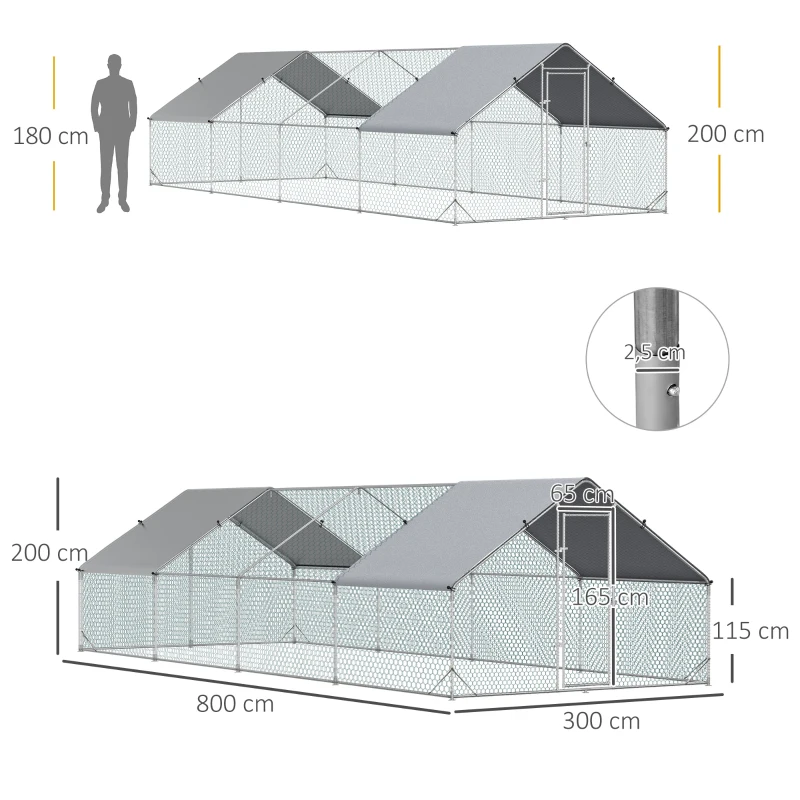 PawHut Enclos poulailler chenil volière extérieur 24 m² - Parc grillagé dim. 3L x 8l x 2H m - Espace Couvert - Acier galvanisé