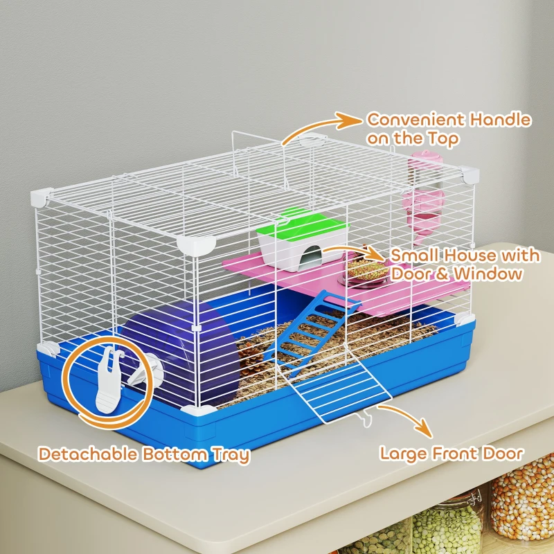 PawHut Hamster Cage, Small Gerbil Cage 2 Tiers Portable w/ Handle, Exercise Wheel, Water Bottle, Dishes, Blue