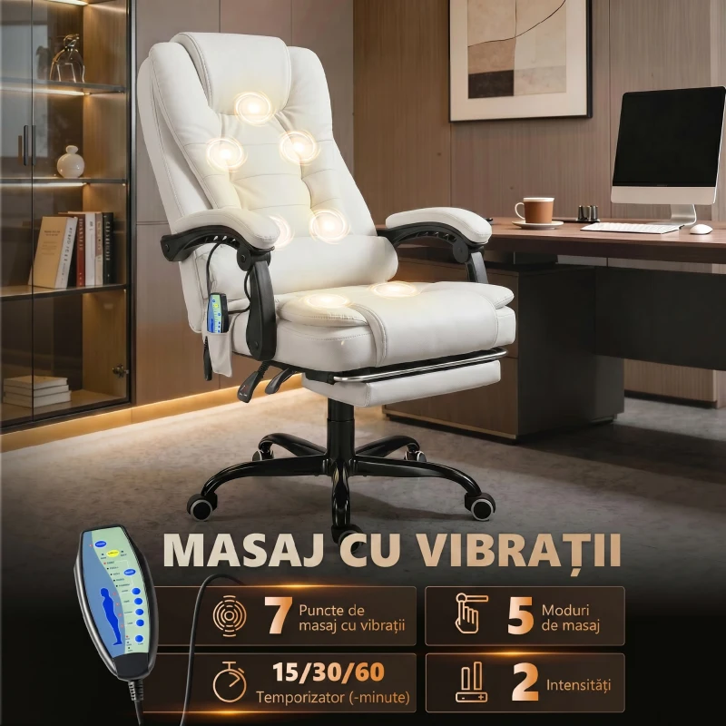 Vinsetto Scaun de birou de masaj, scaun de birou, scaun ergonomic cu înălțime reglabilă, spătar inclinabil și telecomandă cu fir, suport pentru picioare retractabil și pivotant la 360°, alb