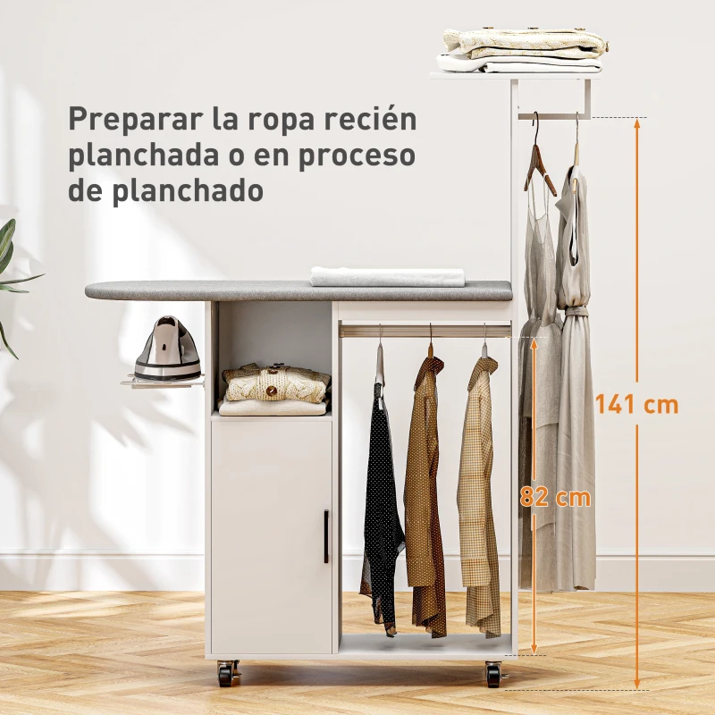 HOMCOM Estación de Planchado con Ruedas Barra para Ropa Tabla de Planchar 127,5x43,5x153 cm Blanco
