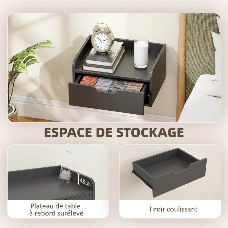 HOMCOM Lot de 2 tables de chevet murales tables de nuit suspendues tiroir plateau aspect bois dim. 40L x 30l x 19,5H cm