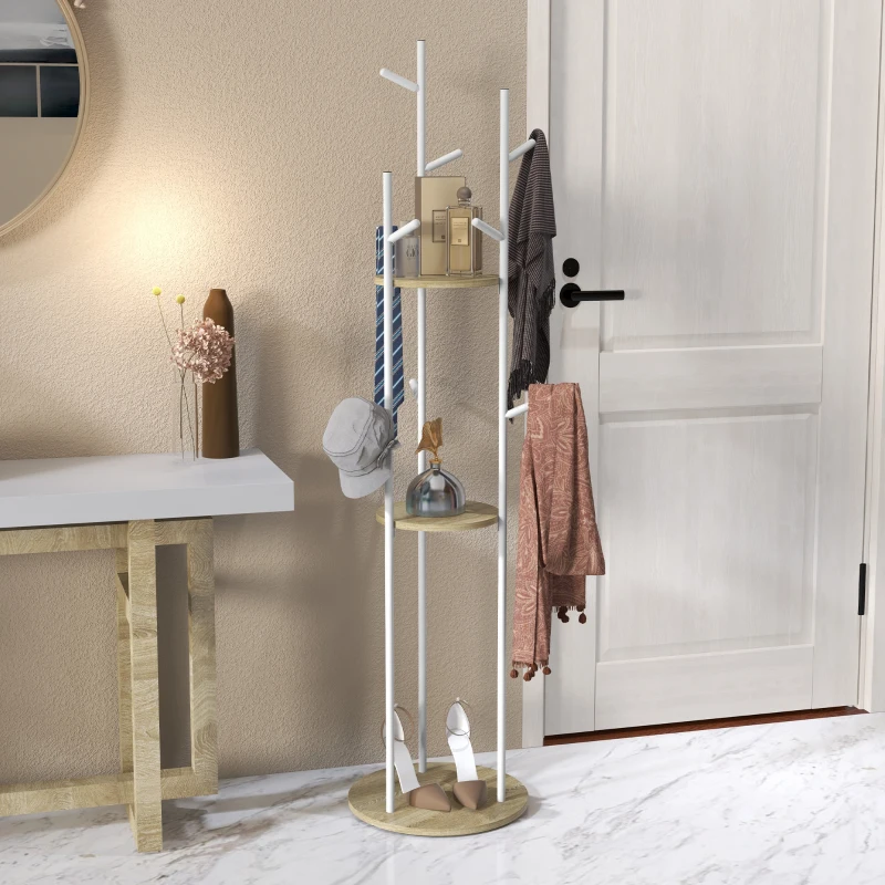 HOMCOM Cabideiro de pé móvel de entrada em aço com 9 ganchos e 2 prateleiras redondas Ø 40 x 167 cm natural e branco