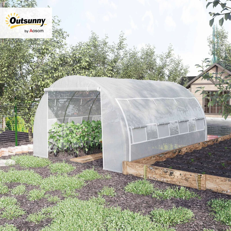 Outsunny 4 x 3 x 2 m Polytunnel Greenhouse w/ Roll-up Side Walls, Steel Frame Walk-in Grow House Tent w/ Zippered Door and 8 Windows and Reinforced Cover for Garden and Backyard, White
