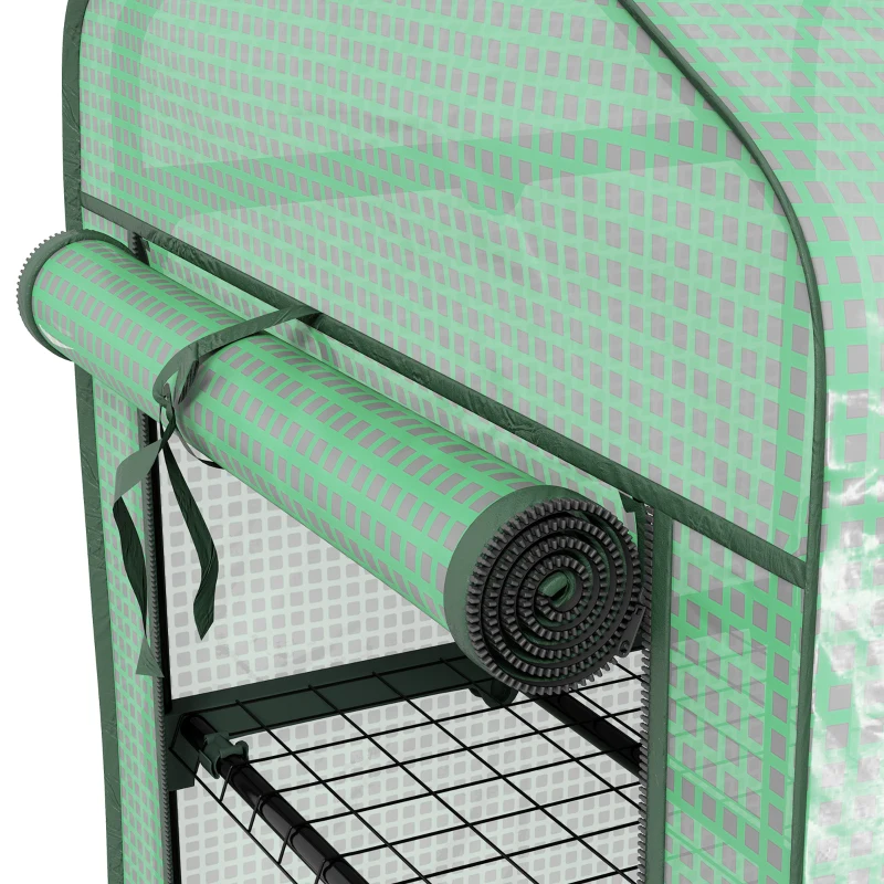 Outsunny Mini estufa de jardim com 3 prateleiras, capa PE de alta densidade, porta enrolável, 4 rodízios, dim. 69L x 49l x 130H cm