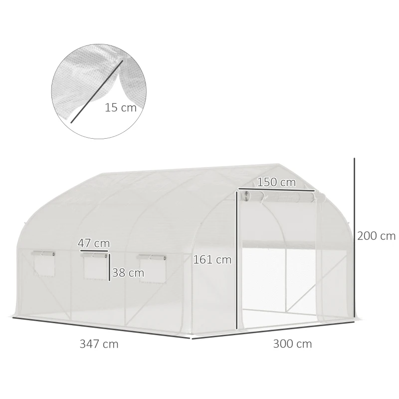 Outsunny Estufa túnel de jardim 10,4 m² estufa de jardim anti-UV porta enrolável com zíper janelas com tela 350 x 300 x 200 cm branco