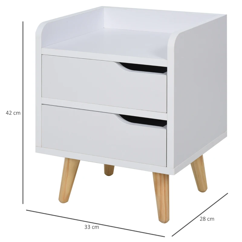 HOMCOM Mesa de Noche Multiusos Mesita Auxiliar para Sala de Estar o Dormitorio con 2 Cajones Espaciosos Patas Elevadas de Pino Diseño Moderno 33x28x42 cm Blanco