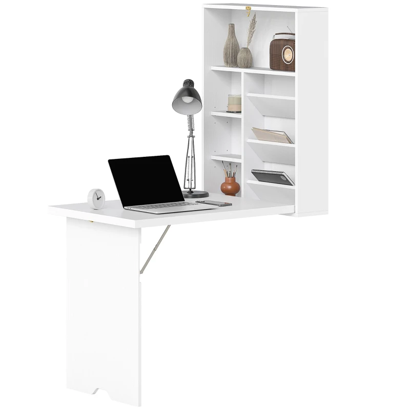 HOMCOM Secretária de parede dobrável, mesa mural dobrável com prateleiras para sala, sala de jantar, escritório, 93,8 x 60 x 147 cm, branco